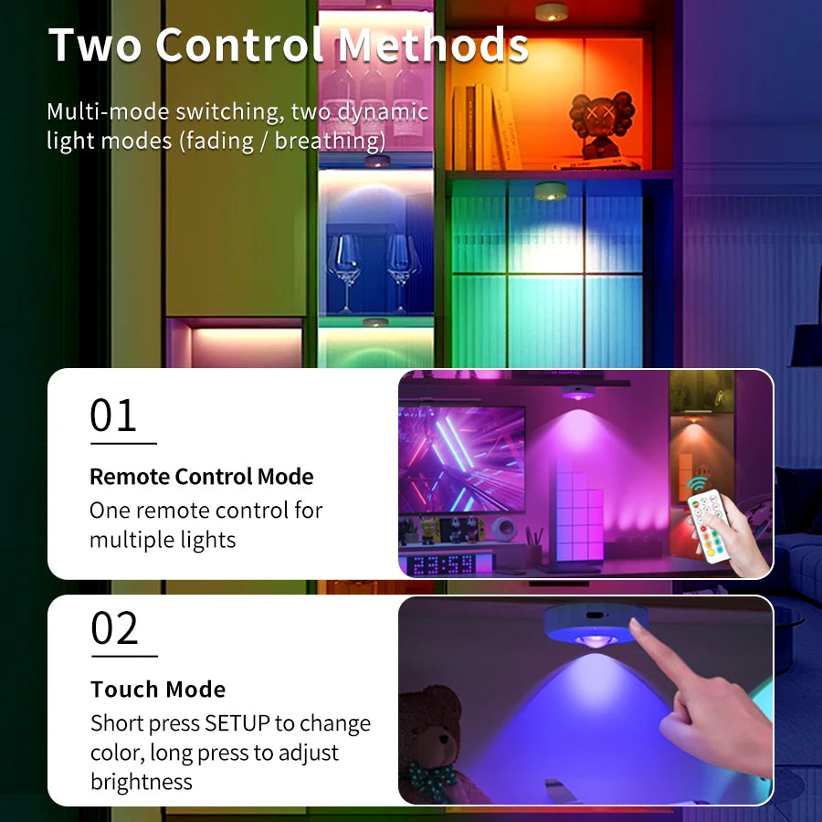 Remote Control RGB Cabinet Lights Rechargeable Wireless Lamp Night Light LED Lights for Kitchen Display Shelf Closet Bedroom